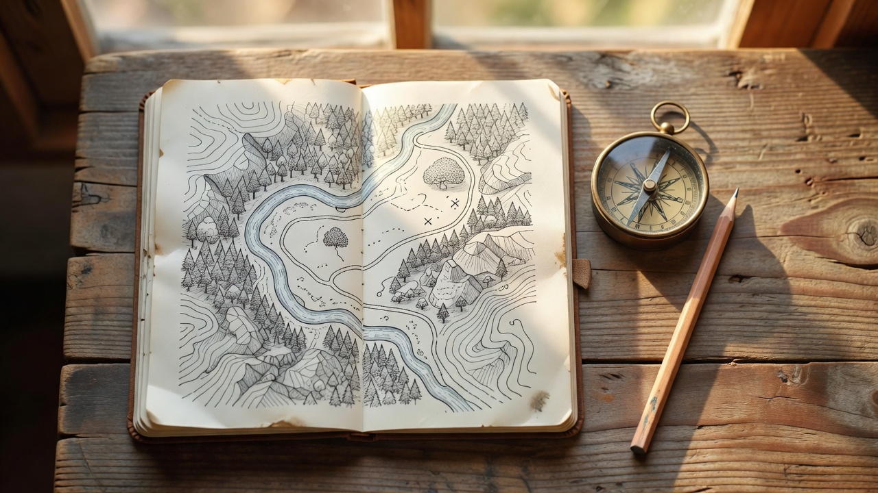 Field notebook with a hand-drawn trail map, a brass compass and a pencil on a wooden table