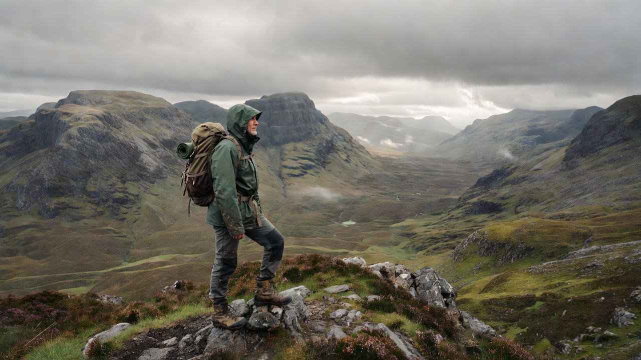 A hiker pausing on a ridge above Glen Coe in the Scottish Highlands, looking across the valley