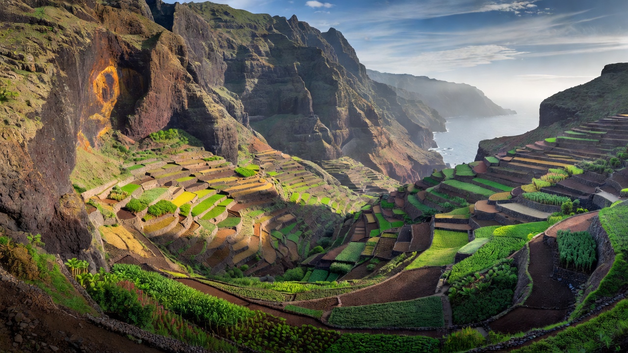 Steep cliffs and farming terraces above Valle Gran Rey on the island of La Gomera