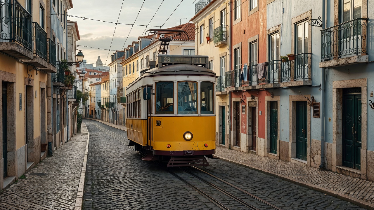 A yellow Lisbon tram on route 28 climbing a narrow street in the Alfama district