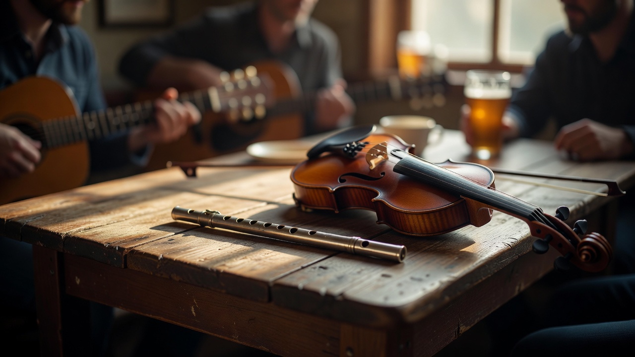 A tin whistle and a fiddle resting on a wooden table during an informal music session