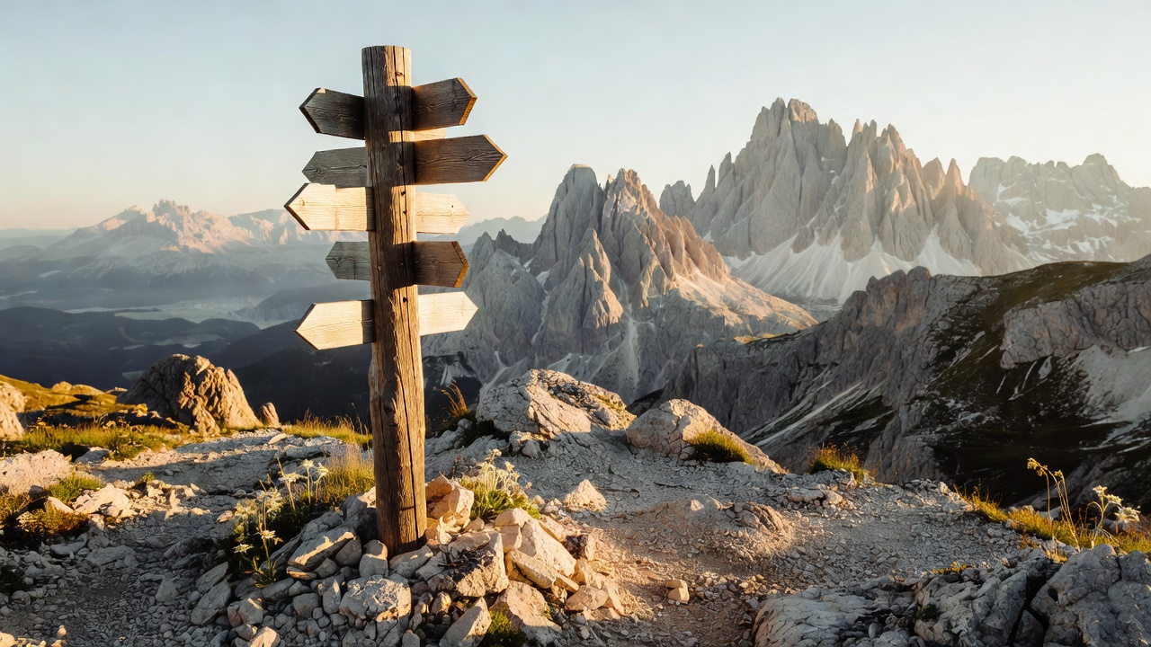 Wooden trail signpost at a mountain pass in the Dolomites pointing to several hiking routes